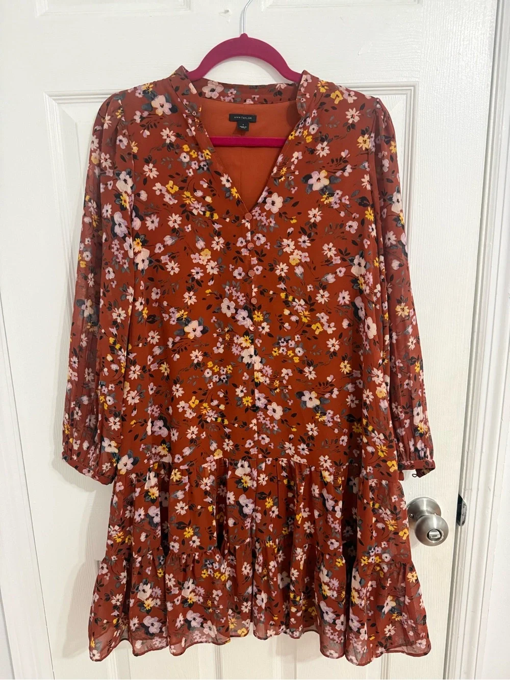 Ann Taylor Rust Floral Tiered V-Neck Mini Long Sleeve Dress - Picture 2 of 4